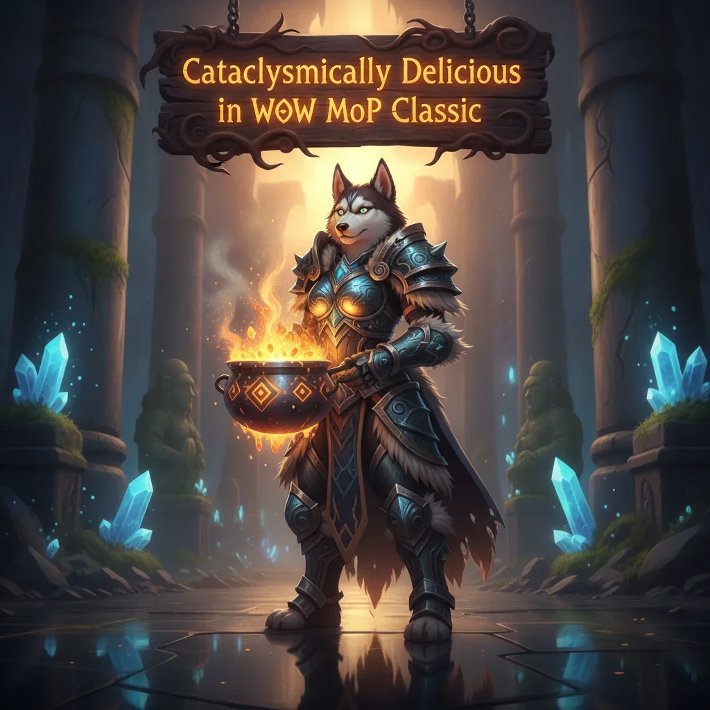 Fantasy artwork of an anthropomorphic husky mage, themed around World of Warcraft Mists of Pandaria Classic content and objectives.