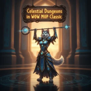 Fantasy artwork of an anthropomorphic husky character in an enchanted dungeon setting, themed around Mists of Pandaria Classic content.
