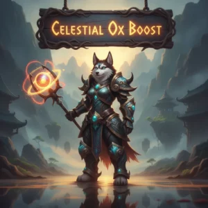 An anthropomorphic Husky character in fantasy armor, set in a mystical environment, representing Celestial Ox content and progression for WoW MoP Classic gameplay.
