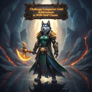 Fantasy artwork featuring an anthropomorphic Husky character, themed around achieving a gold challenge in World of Warcraft Mists of Pandaria Classic.
