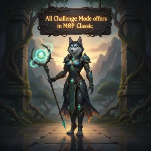 Fantasy artwork of an anthropomorphic Husky character in a dynamic pose, themed around World of Warcraft Mists of Pandaria Classic Challenge Modes.