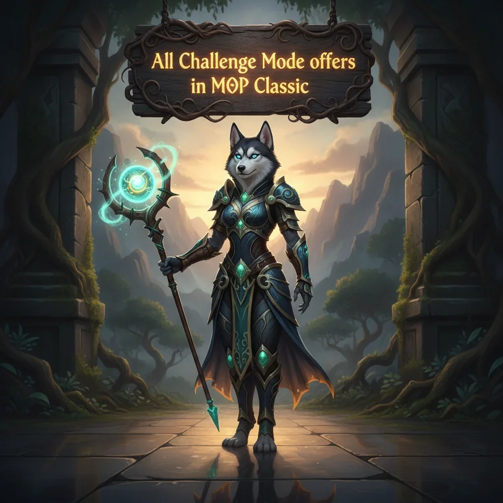 Fantasy artwork of an anthropomorphic Husky character in a dynamic pose, themed around World of Warcraft Mists of Pandaria Classic Challenge Modes.