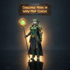 Fantasy artwork featuring an anthropomorphic husky character in an epic stance, inspired by WoW Mists of Pandaria Classic Challenge Modes.