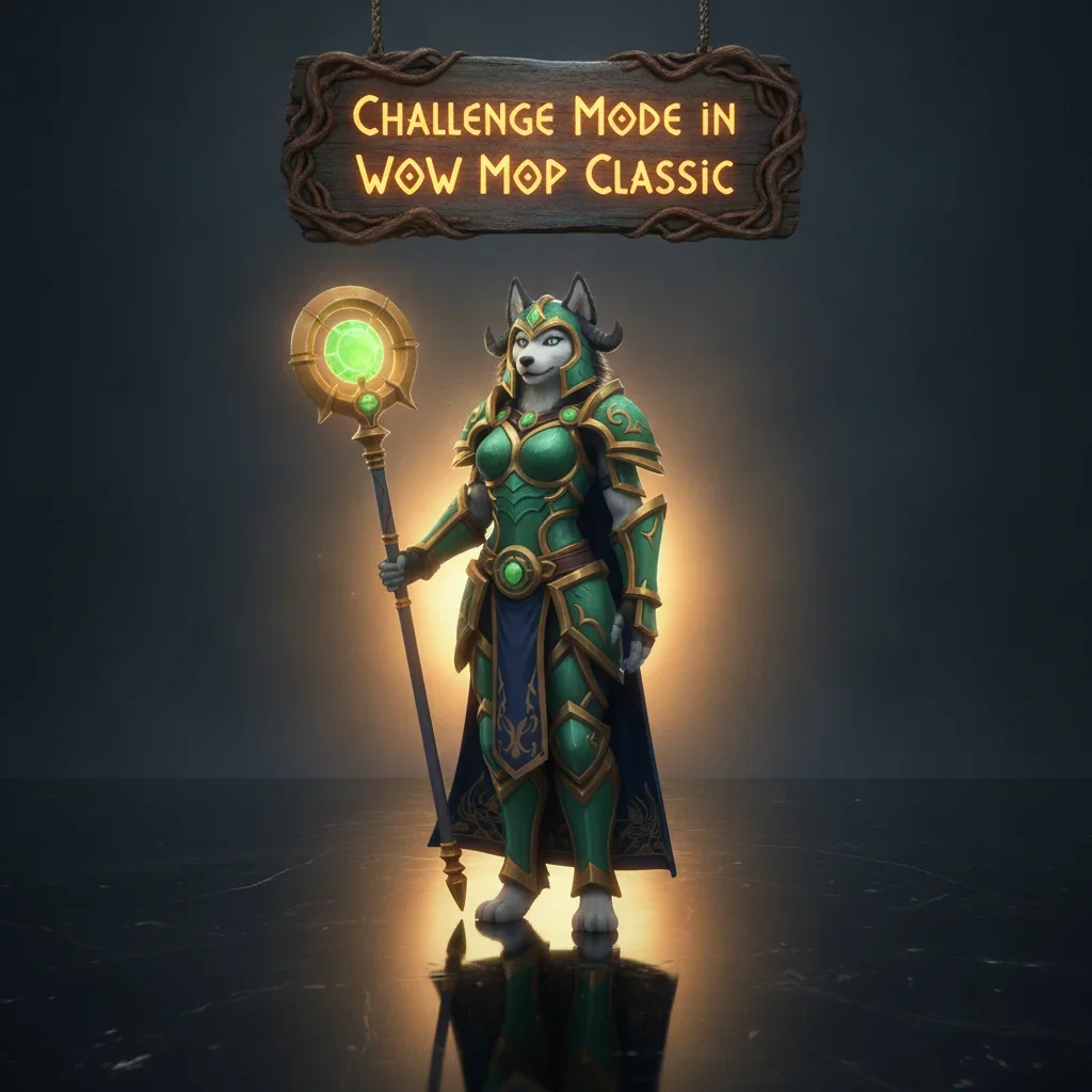 Fantasy artwork featuring an anthropomorphic husky character in an epic stance, inspired by WoW Mists of Pandaria Classic Challenge Modes.
