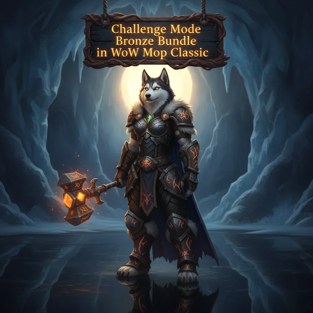 An anthropomorphic Husky character in fantasy armor, representing the Challenge Mode Bronze Bundle content in World of Warcraft Mists of Pandaria Classic.