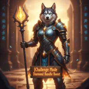An anthropomorphic Husky character in fantasy armor stands in a mystical, game-inspired environment, representing the Challenge Mode Diamond Bundle content in WoW MoP Classic.