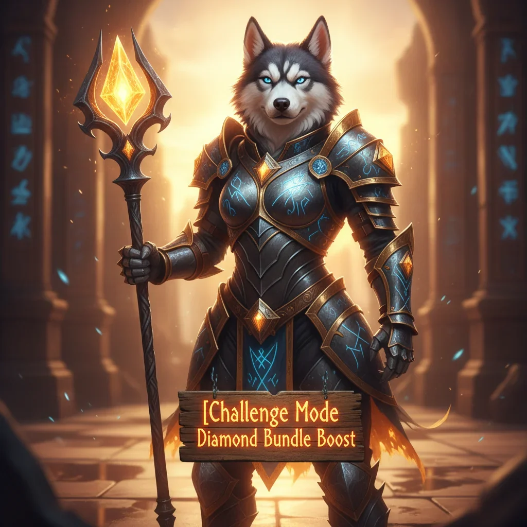 An anthropomorphic Husky character in fantasy armor stands in a mystical, game-inspired environment, representing the Challenge Mode Diamond Bundle content in WoW MoP Classic.