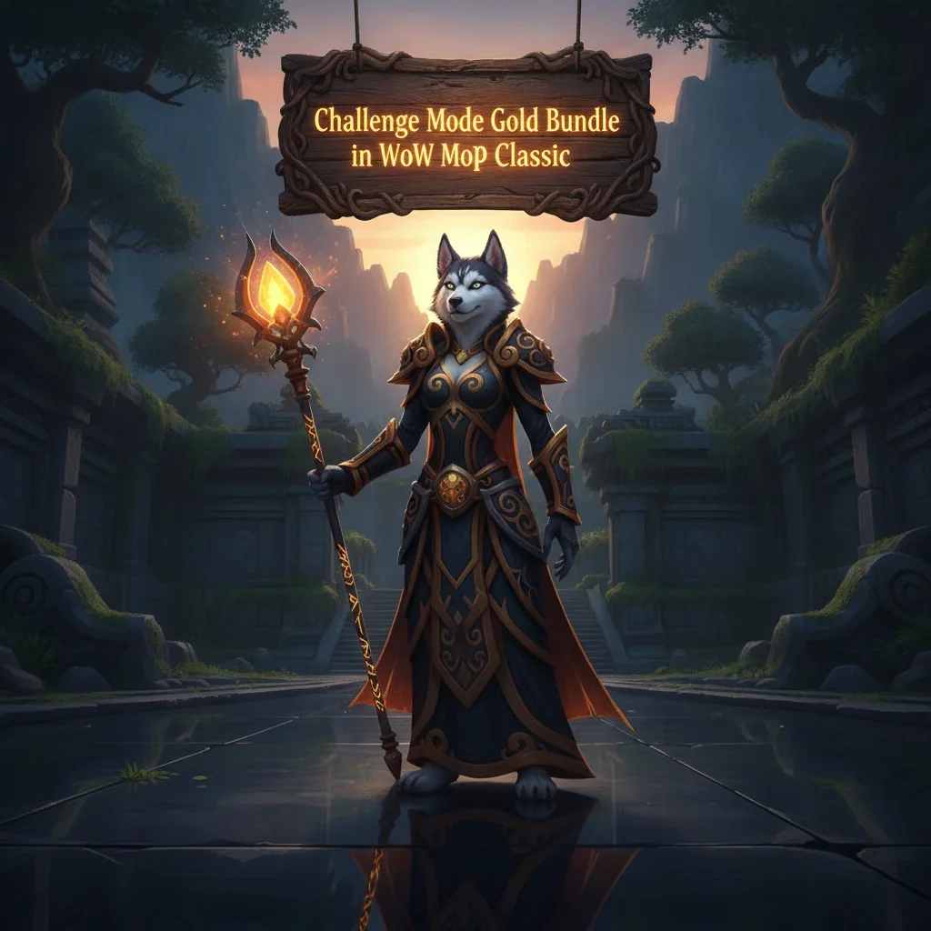 Fantasy game-inspired artwork featuring an anthropomorphic Husky character, themed around World of Warcraft Mists of Pandaria Classic Challenge Mode Gold Bundles and endgame content.