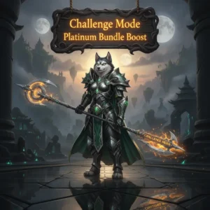 Anthropomorphic husky character in fantasy attire, set in a mystical environment, inspired by WoW MoP Classic Challenge Mode Platinum Bundle content and high-level endgame objectives.