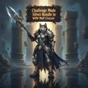 Fantasy artwork of an anthropomorphic Husky character in armor, themed around World of Warcraft Mists of Pandaria Classic Challenge Mode Silver.