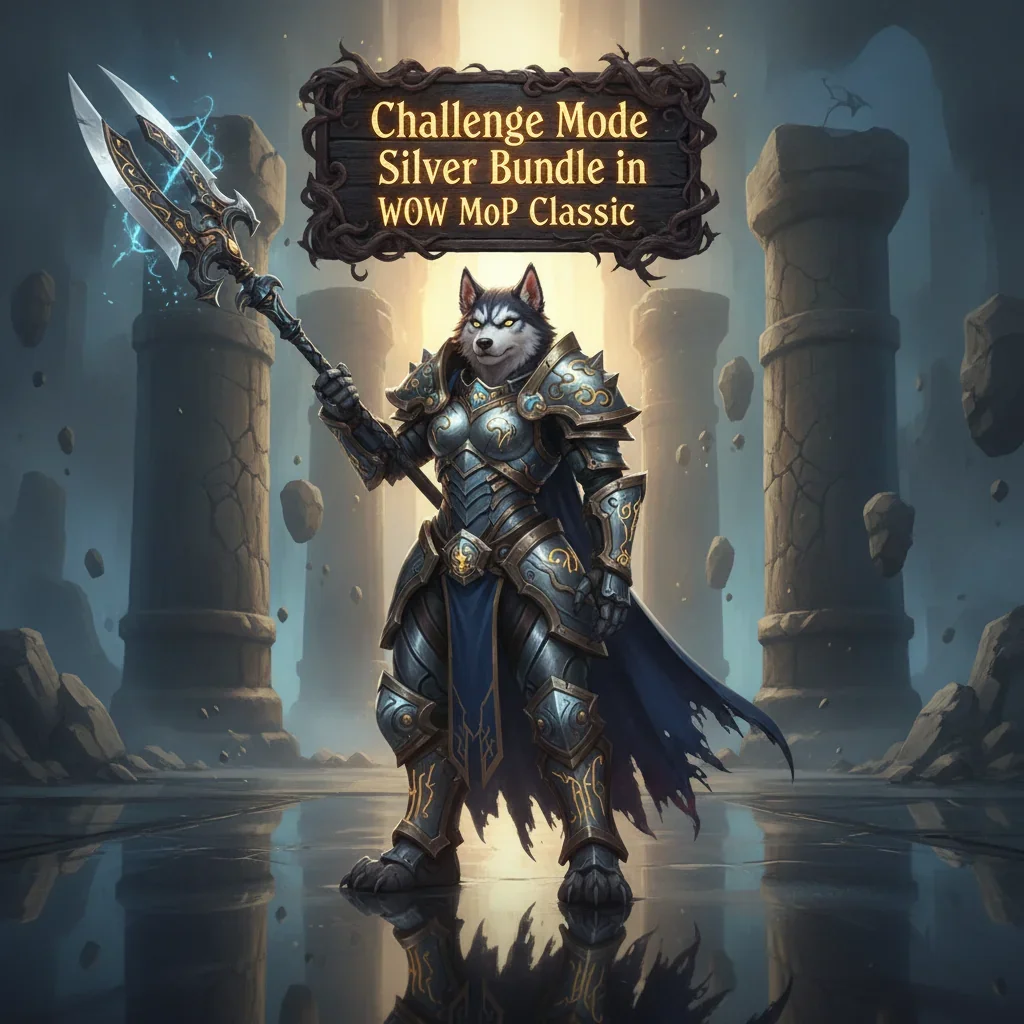 Fantasy artwork of an anthropomorphic Husky character in armor, themed around World of Warcraft Mists of Pandaria Classic Challenge Mode Silver.