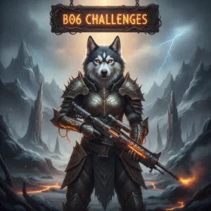 Fantasy artwork featuring an anthropomorphic Husky character in themed armor within a mystical environment, related to Call of Duty Black Ops 6 challenge content.