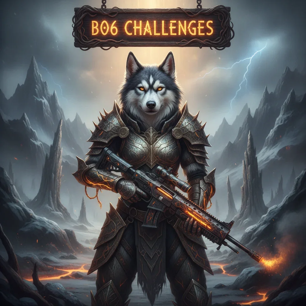 Fantasy artwork featuring an anthropomorphic Husky character in themed armor within a mystical environment, related to Call of Duty Black Ops 6 challenge content.