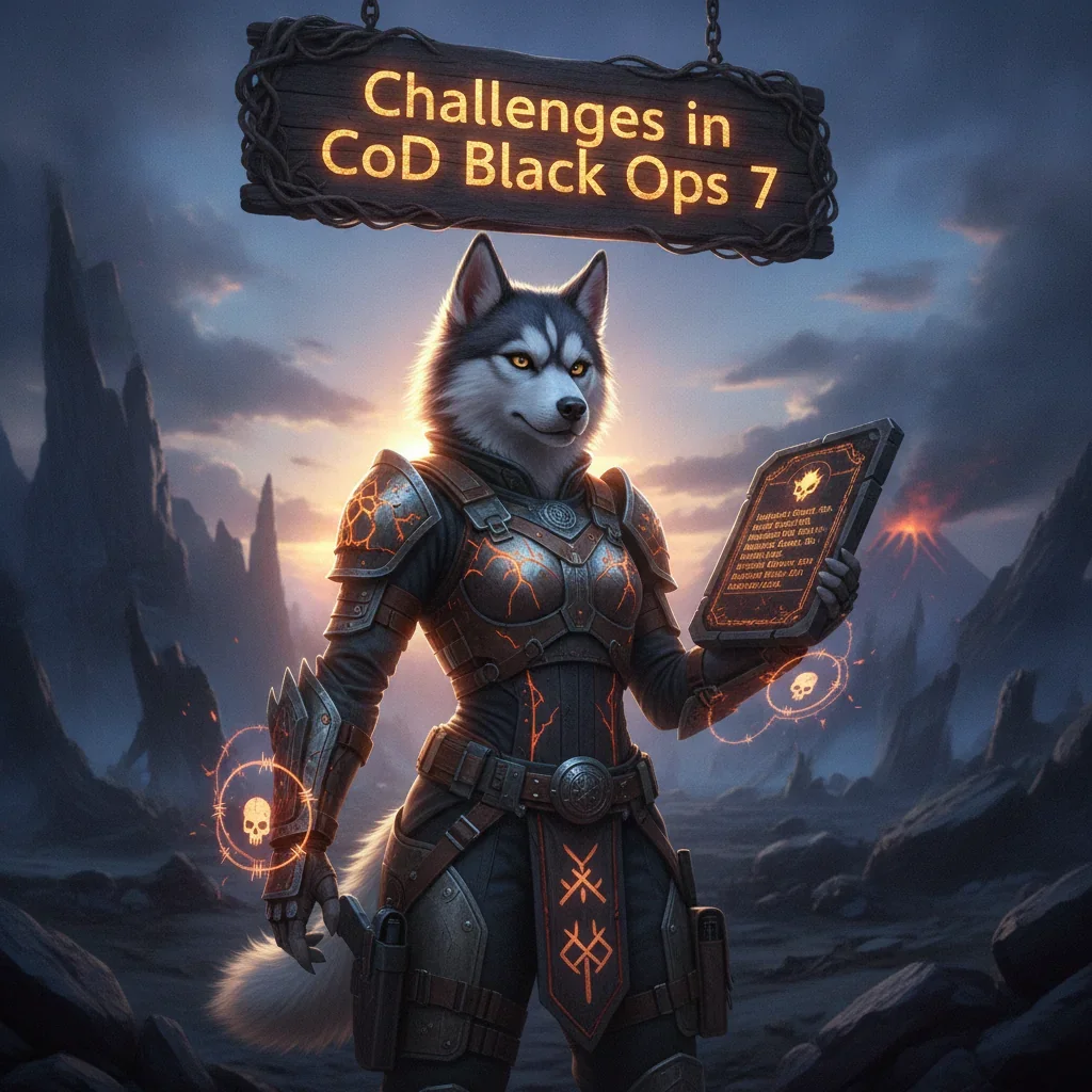A fantasy game-inspired image showcasing an anthropomorphic husky character adorned in thematic armor, within an epic, mystical environment related to in-game challenges and objective content.