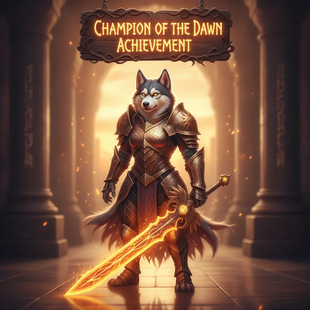A heroic anthropomorphic husky character in fantasy armor, standing against a cosmic midnight sky, representing 'Champion Of The Dawn' achievement content in WoW Midnight.