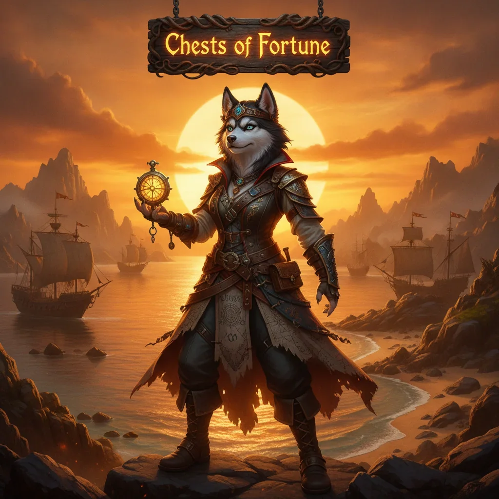 Anthropomorphic husky character in fantasy attire, with a mystical game-inspired background. Artwork themed around Chests of Fortune content and reward acquisition.
