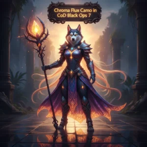 Fantasy artwork with an anthropomorphic Husky character in themed attire, representing Chroma Flux Camo cosmetic content and related in-game unlock objectives.