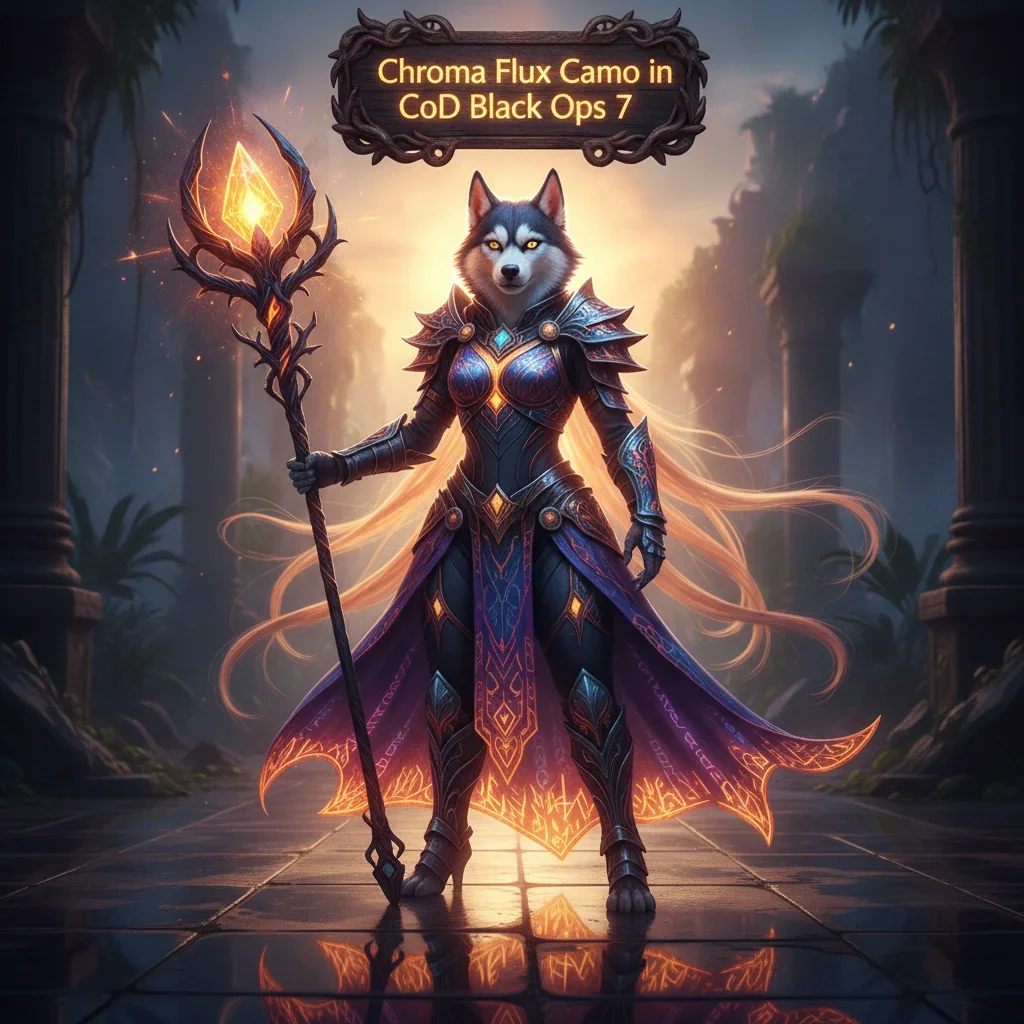Fantasy artwork with an anthropomorphic Husky character in themed attire, representing Chroma Flux Camo cosmetic content and related in-game unlock objectives.