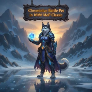 An anthropomorphic Husky character, wearing fantasy attire, in an environment inspired by World of Warcraft Mists of Pandaria Classic, representing Chrominius battle pet content.