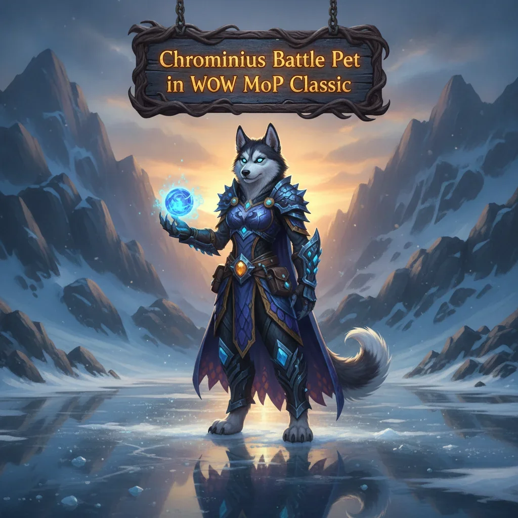 An anthropomorphic Husky character, wearing fantasy attire, in an environment inspired by World of Warcraft Mists of Pandaria Classic, representing Chrominius battle pet content.