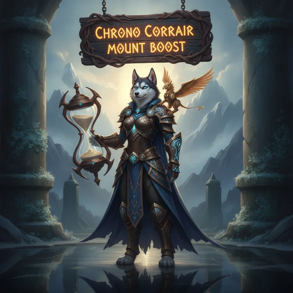 Fantasy artwork featuring an anthropomorphic husky character in corsair attire, themed around acquiring a Chrono Corsair Mount in the WoW Midnight game. The image represents mount collection content.