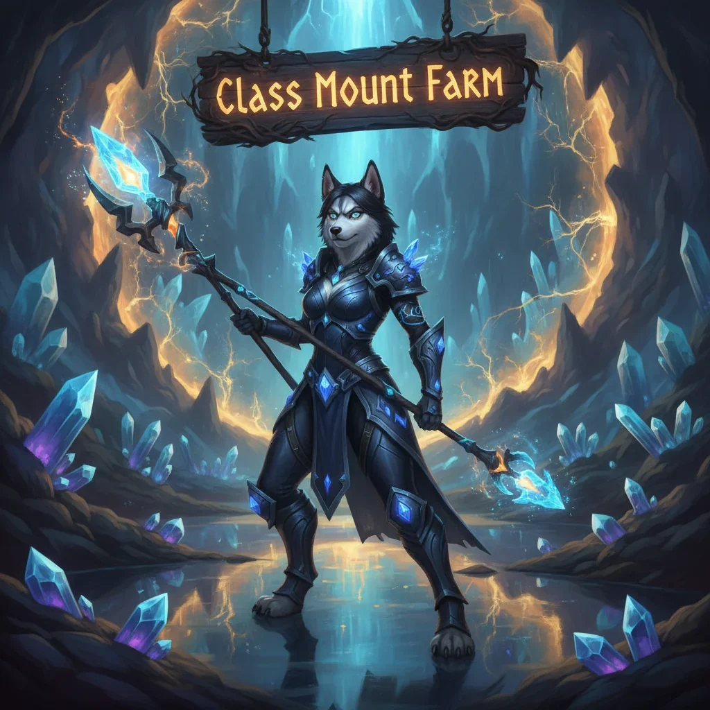 Anthropomorphic Husky in fantasy armor, themed around class mount acquisition content and farming objectives in an MMORPG-inspired world. A mystical game environment surrounds the character.