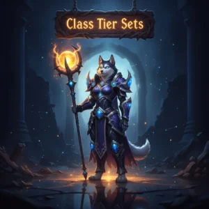 An anthropomorphic Husky character in elaborate fantasy armor, featured in artwork related to Class Tier Sets content and gear progression in WoW Midnight.