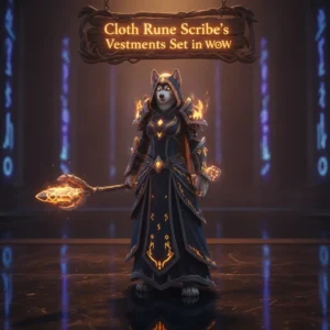 Anthropomorphic Husky character in fantasy artwork, wearing the detailed Cloth Rune Scribe’s Vestments Set. The image is inspired by WoW Midnight content, set in a mystical runic environment, representing powerful in-game gear.