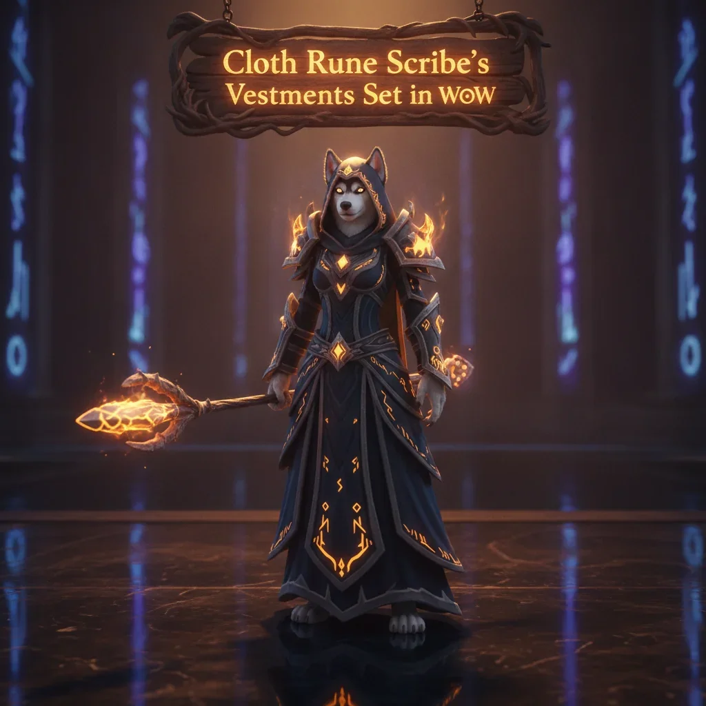 Anthropomorphic Husky character in fantasy artwork, wearing the detailed Cloth Rune Scribe’s Vestments Set. The image is inspired by WoW Midnight content, set in a mystical runic environment, representing powerful in-game gear.