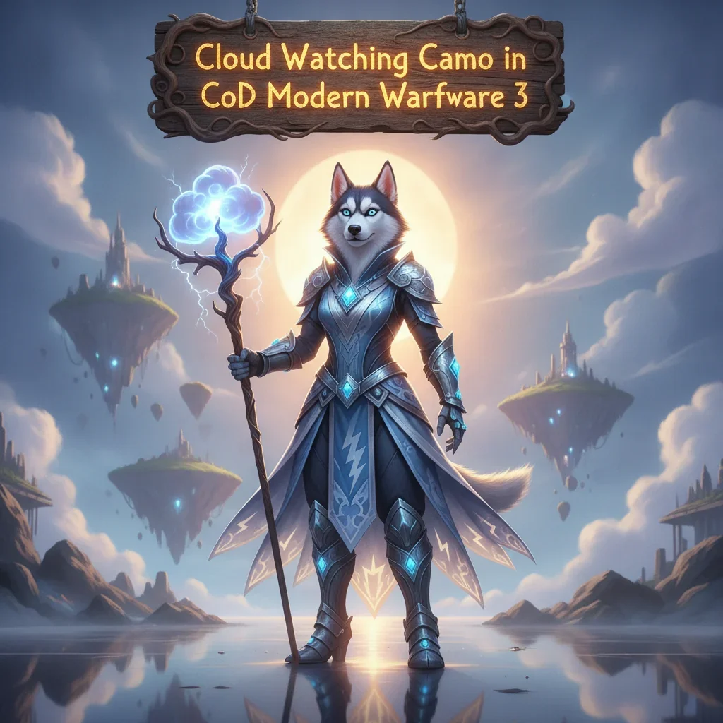 Anthropomorphic Husky in fantasy attire, set against ethereal clouds. Artwork related to 'Cloud Watching Camo' challenges and cosmetic unlocks in Modern Warfare 3.