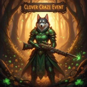 Fantasy artwork with an anthropomorphic husky in themed attire, representing the Clover Craze event content and objectives.