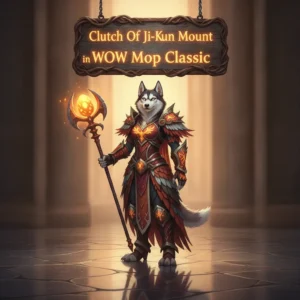 Fantasy artwork of an anthropomorphic husky character in a game-inspired environment, themed around obtaining the Clutch of Ji-Kun mount in World of Warcraft.