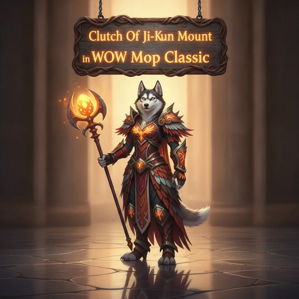 Fantasy artwork of an anthropomorphic husky character in a game-inspired environment, themed around obtaining the Clutch of Ji-Kun mount in World of Warcraft.