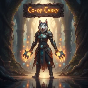 Anthropomorphic Husky character in fantasy armor, standing in a dark, ruined city environment. Artwork represents cooperative challenge content and assistance against a formidable beast.