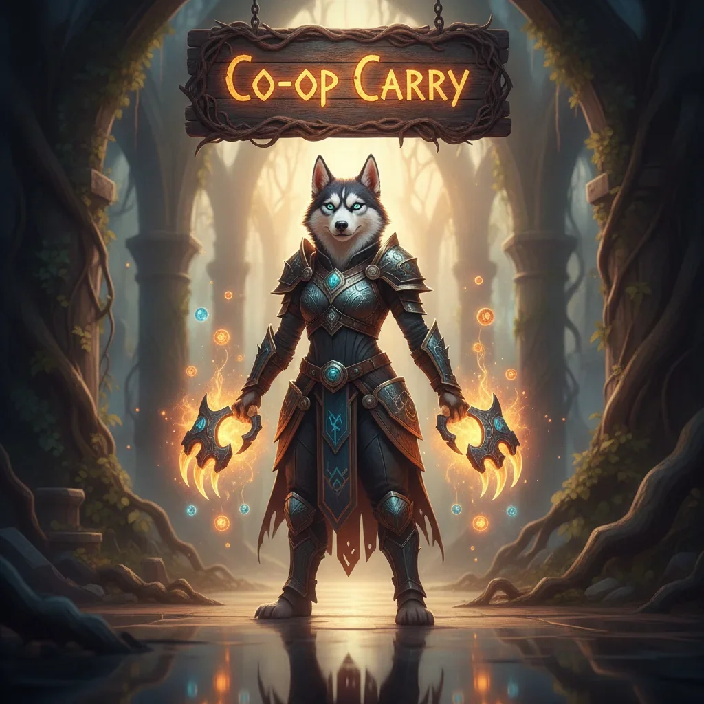 Anthropomorphic Husky character in fantasy armor, standing in a dark, ruined city environment. Artwork represents cooperative challenge content and assistance against a formidable beast.