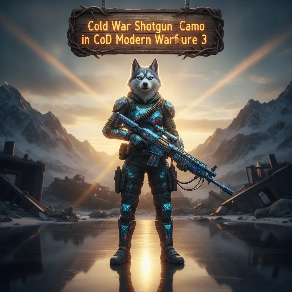 Anthropomorphic husky in fantasy attire in a game-inspired environment. Artwork represents weapon cosmetic progression, focused on Diamond Camo unlocks for shotguns.