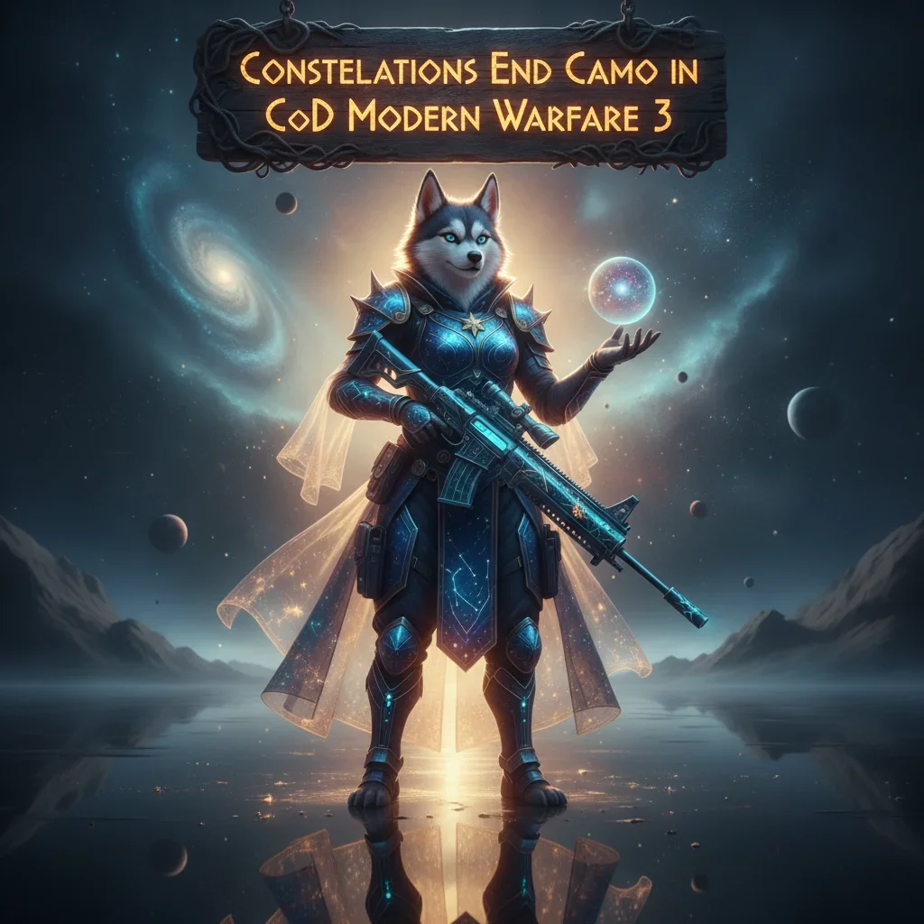 Fantasy game-inspired artwork featuring an anthropomorphic husky character in ornate, themed armor, representing objectives for Constellation Camo Boost content.