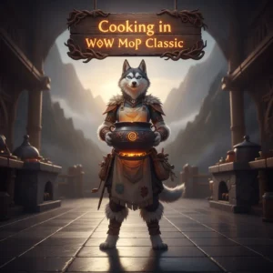 A fantasy artwork featuring an anthropomorphic husky character in a themed outfit, related to cooking content and objectives in World of Warcraft Mists of Pandaria Classic.