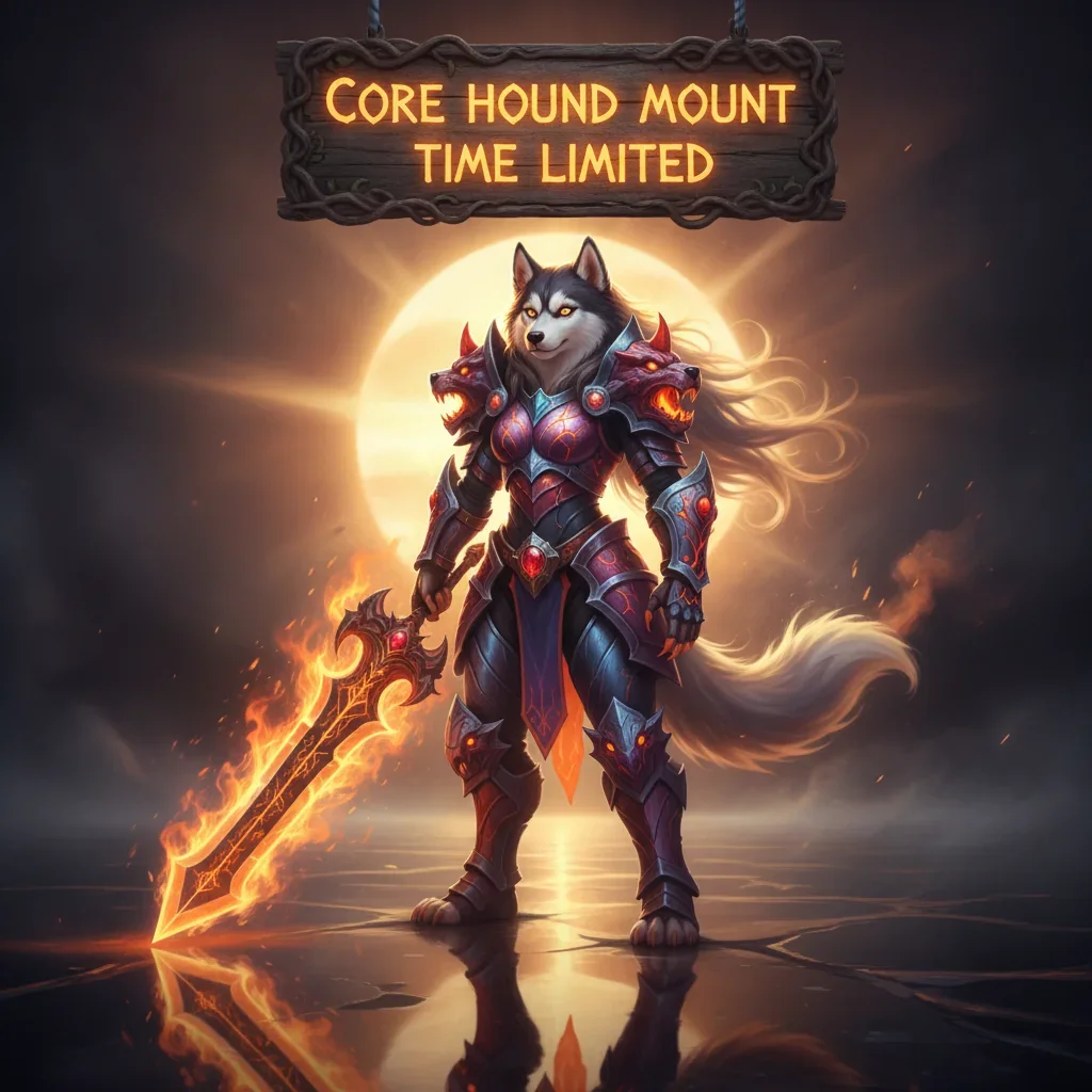 Fantasy artwork featuring an anthropomorphic husky character standing with a formidable Core Hound mount, inspired by time-limited acquisition objectives in WoW Midnight.