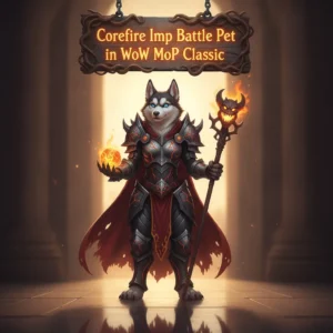 Fantasy game-inspired artwork featuring an anthropomorphic husky character themed around the Corefire Imp Battle Pet boost in WoW Mists of Pandaria Classic.