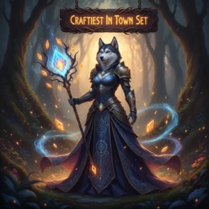 An anthropomorphic Husky character in fantasy attire, representing the challenges of crafting elite gear sets in a dark fantasy game world.