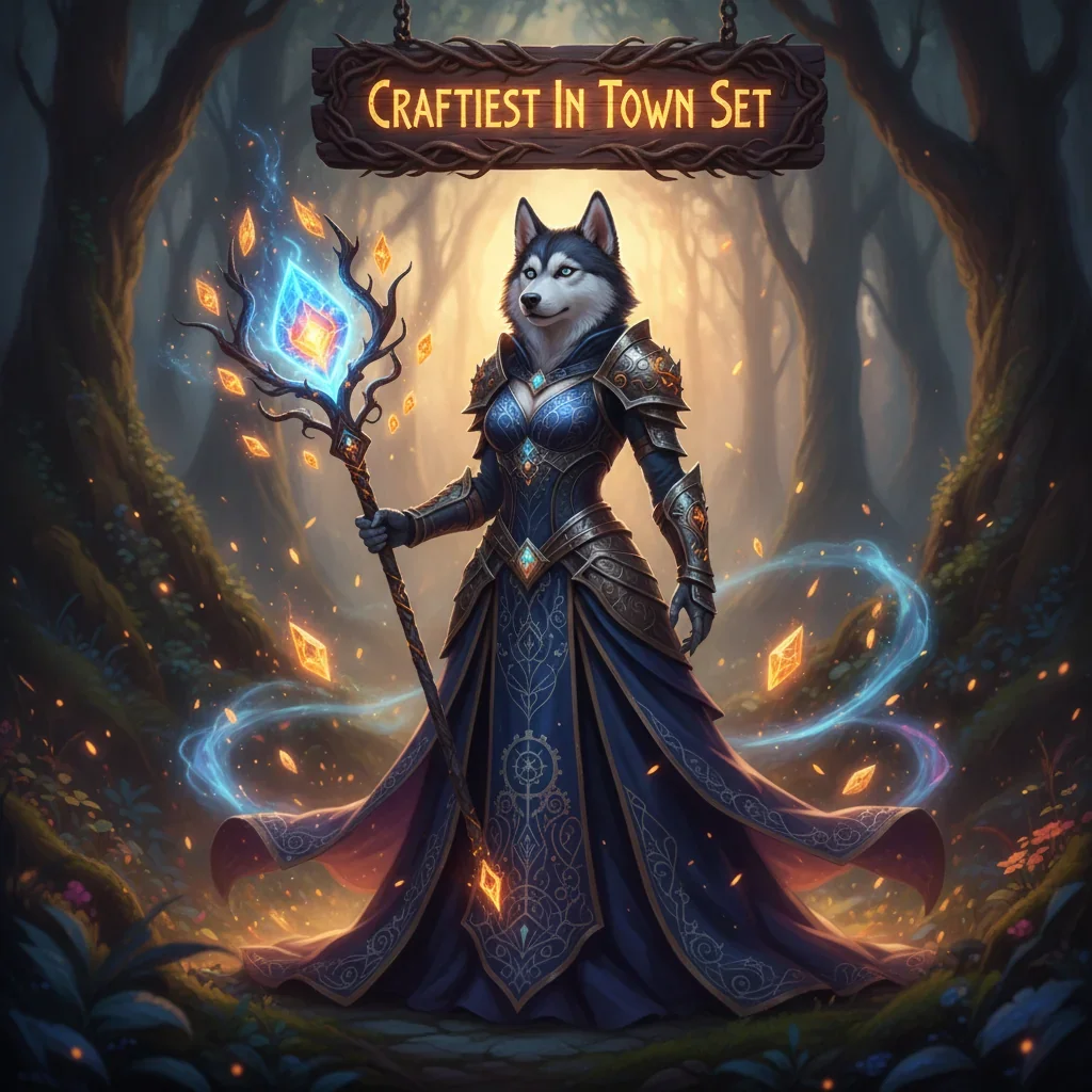 An anthropomorphic Husky character in fantasy attire, representing the challenges of crafting elite gear sets in a dark fantasy game world.