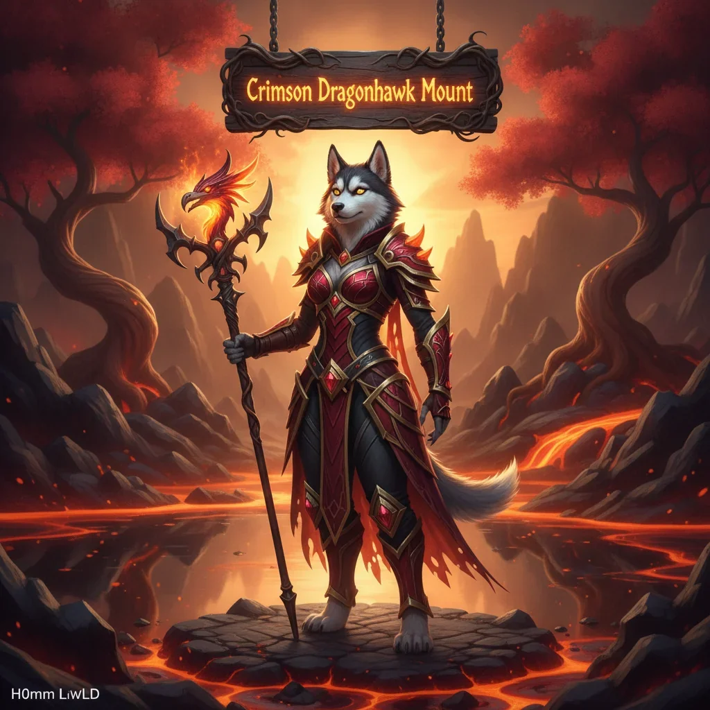 Fantasy artwork of a crimson dragonhawk mount soaring through a dark, midnight-themed game environment. Related to mount collection and acquisition objectives.