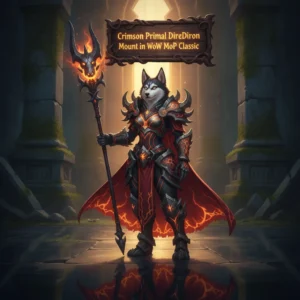 Fantasy artwork of an anthropomorphic husky character mounted on a Crimson Primal Direhorn in a Mists of Pandaria setting.