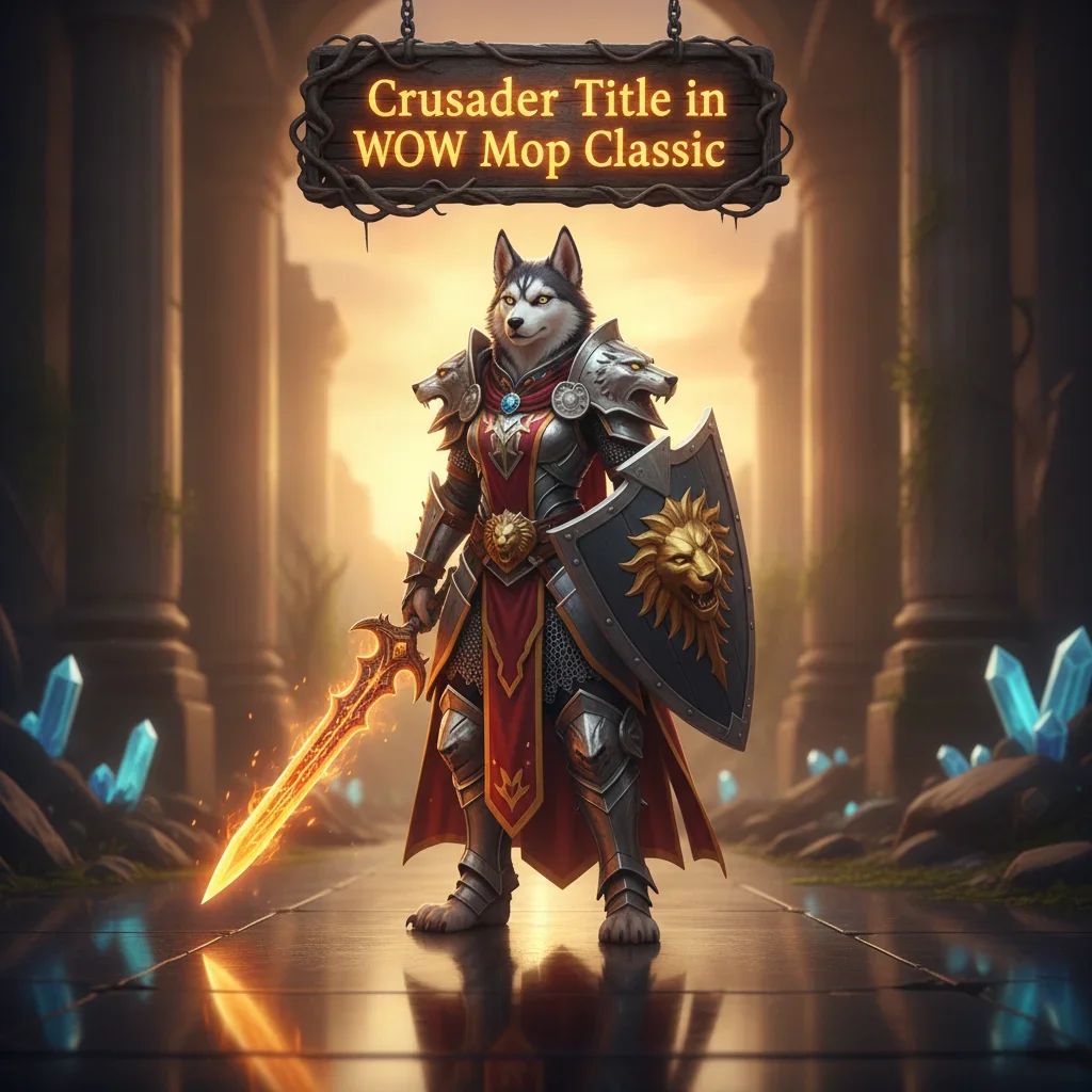 Fantasy artwork featuring an anthropomorphic Husky character, themed around achieving the Crusader title in WoW Mists of Pandaria Classic.