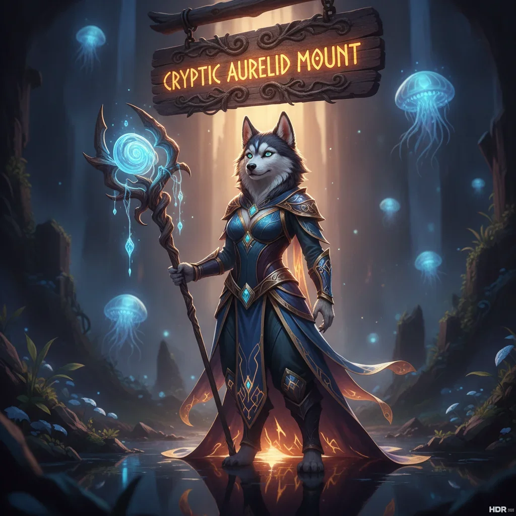 Fantasy artwork with an anthropomorphic husky character in an otherworldly environment, representing Cryptic Aurelid mount content in WoW Midnight.