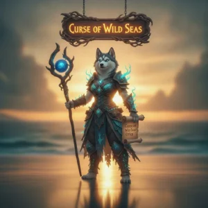 Fantasy game artwork with an anthropomorphic Husky character in pirate-themed attire, representing Sea of Thieves content and objectives. The scene is inspired by wild seas and mystical challenges.