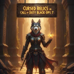 Fantasy artwork featuring an anthropomorphic Husky character in themed armor, representing Cursed Relics content in a dark, mysterious game environment.