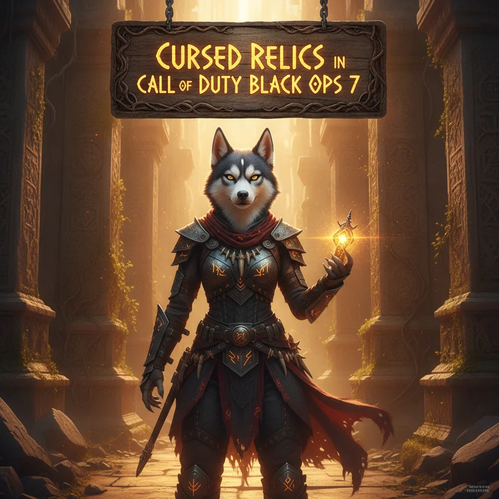 Fantasy artwork featuring an anthropomorphic Husky character in themed armor, representing Cursed Relics content in a dark, mysterious game environment.