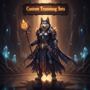 An anthropomorphic husky character in intricate fantasy armor, representing custom transmog sets and cosmetic gear collection within a dark, enchanted game environment.